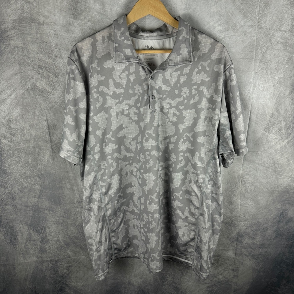 Huk Mens XXL Grey Camo Performance Fishing Polo Shirt Mesh Breathable S/S